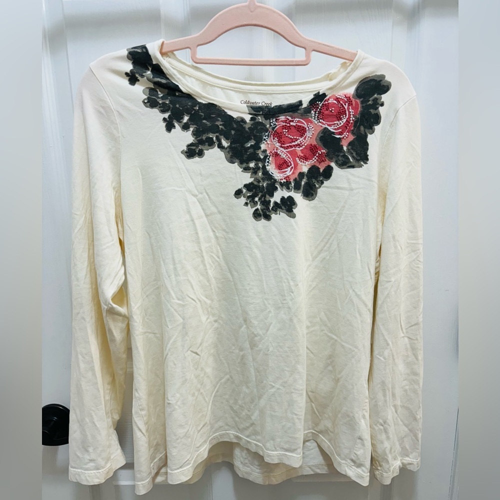 Cold Water Creek Top Womens L Long Sleeve with beaded rose